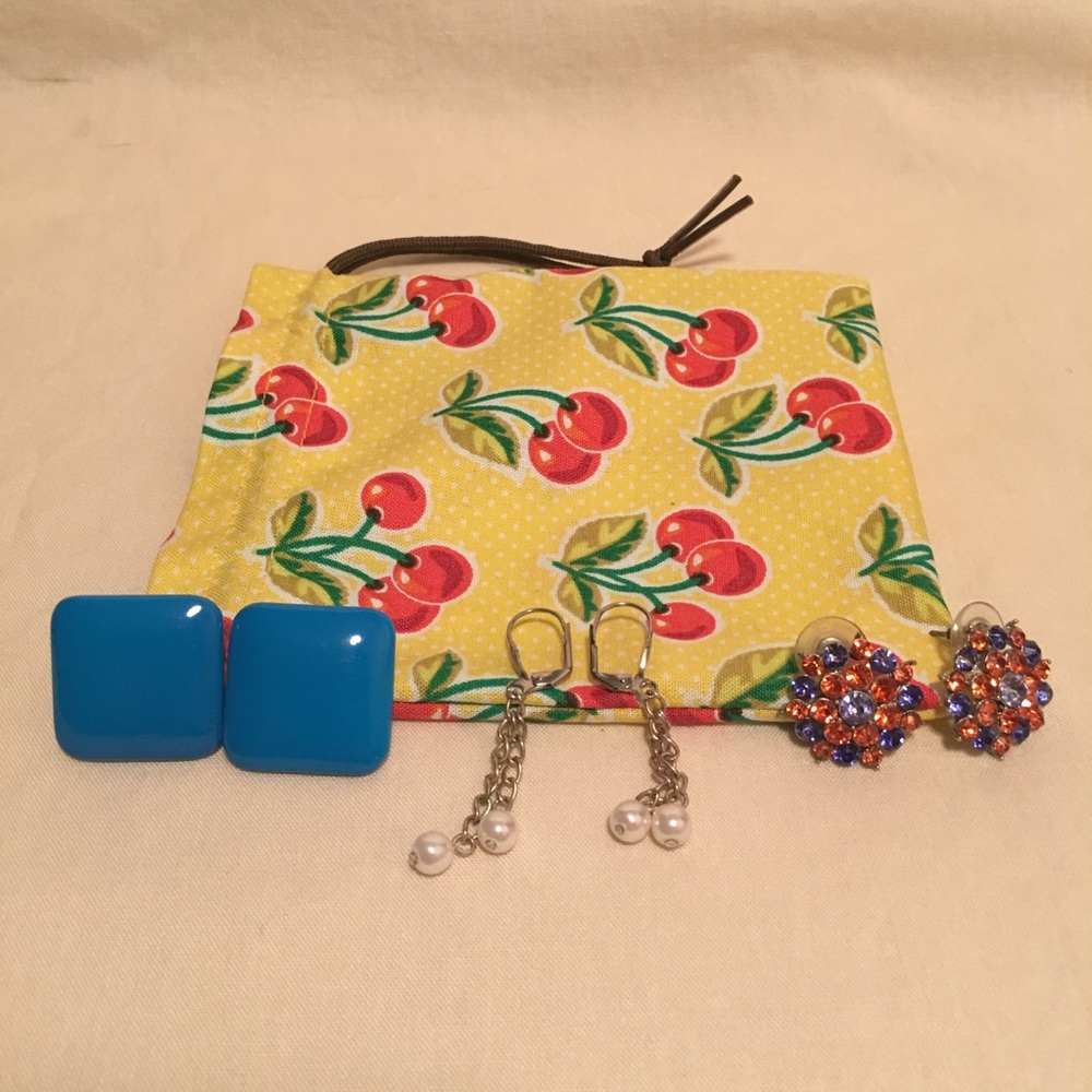 Orange & Blue Rhinestones, Blue, & Pearl Earrings